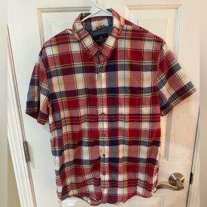 American Eagle Red Blue White 100% Cotton Plaid  Button Down Shirt Size L